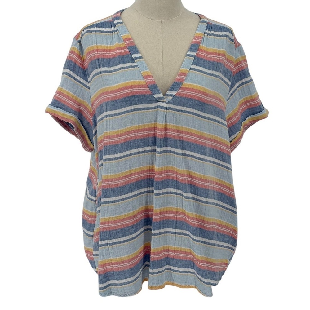 St Johns Bay Womens XL Striped V Neck Short Sleeve Casual Top Cotton